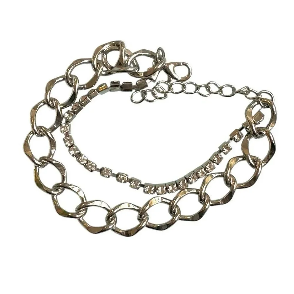Silver rhinestone double strand bracelet silver tone